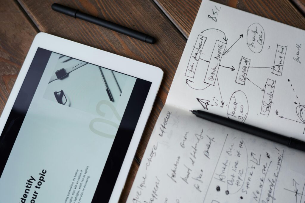 pexels photo 3183170 3183170 Digital and handwritten brainstorming tools on a wooden desk, ideal for business and study contexts.